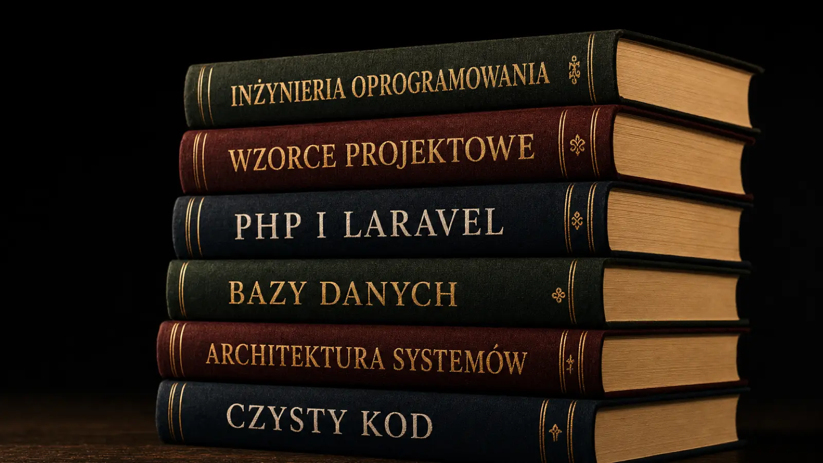 Stos książek technicznych o inżynierii oprogramowania, wzorcach projektowych i PHP, w bocznym świetle